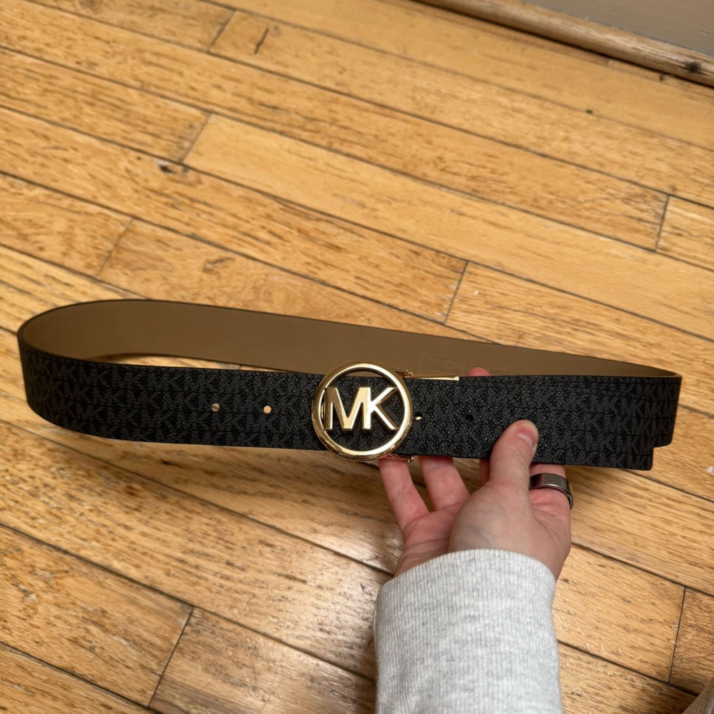 Michael Kors Monogram Black Belt with Gold Logo Buckle